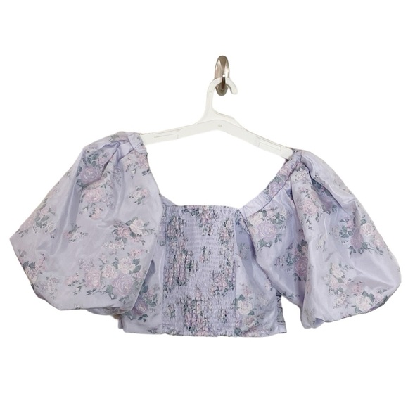 New Express Floral Puff Sleeve Ruched Cropped Top in pale lavender size M - Picture 3 of 13